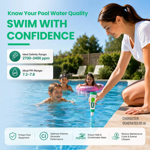 5 In 1 Digital Salt Tester And PH Meter For Saltwater Pools in use, measuring water quality near kids in a pool.