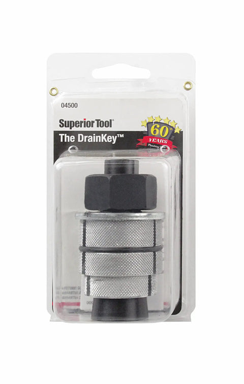 DrainKey Tub Drain Key For Unclogging And Installing Drains With Expanding Internal Grip Gold Finish in retail packaging.