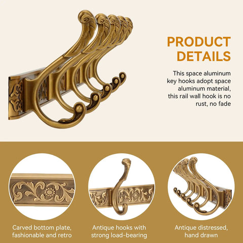 Space Saving Wall Mount Coat Rack With 5 Hooks And Key Holder, vintage aluminum rail, gold finish, product details display