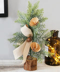 Three Piece Tabletop Christmas Tree Set Ready To Display Mini Artificial Xmas Trees Nine Point Eight Four Inches Tall With Red Berries Pinecones Nuts And Bows For A Cozy Desk Fireplace Holiday Decor
