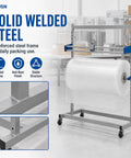 Rock Solid Industrial Packaging Roll Stand With No Hassle Slide Cutter And Easy Roll Casters Make Bubble Wrapping A Breeze For Any Shipping Packing Station Or Warehouse Work Zone, featuring solid welded steel frame.
