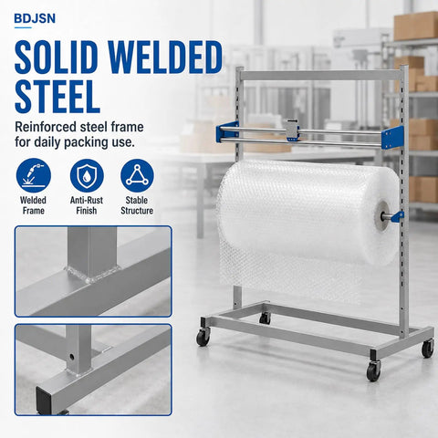 Rock Solid Industrial Packaging Roll Stand With No Hassle Slide Cutter And Easy Roll Casters Make Bubble Wrapping A Breeze For Any Shipping Packing Station Or Warehouse Work Zone, featuring solid welded steel frame.