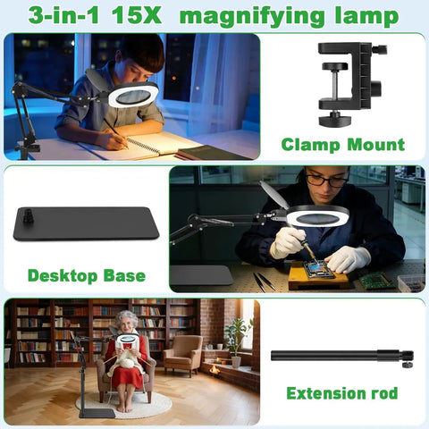 Real Glass Magnifying Desk Lamp With 3 In 1 LED Lighting, woman using lamp for reading at night