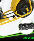 Mini bike drive chain, side view, 35-link black steel on yellow frame with rear sprocket