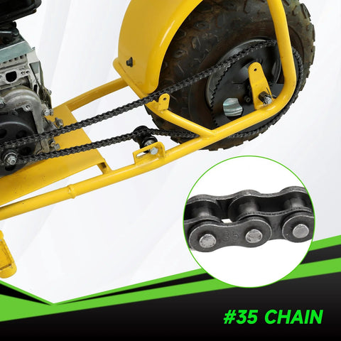 Mini bike drive chain, side view, 35-link black steel on yellow frame with rear sprocket