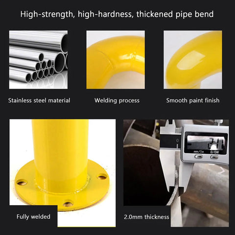 High-strength U Shaped Steel Pipe Wheel Stop With Anti Collision Round Parking Post In Visibility Yellow and Black, weld and thickness details.