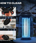Indoor Outdoor Bug Zapper 4200V Electric Mosquito Killer Waterproof Fly Trap with cleaning instructions shown