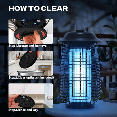 Indoor Outdoor Bug Zapper 4200V Electric Mosquito Killer Waterproof Fly Trap with cleaning instructions shown