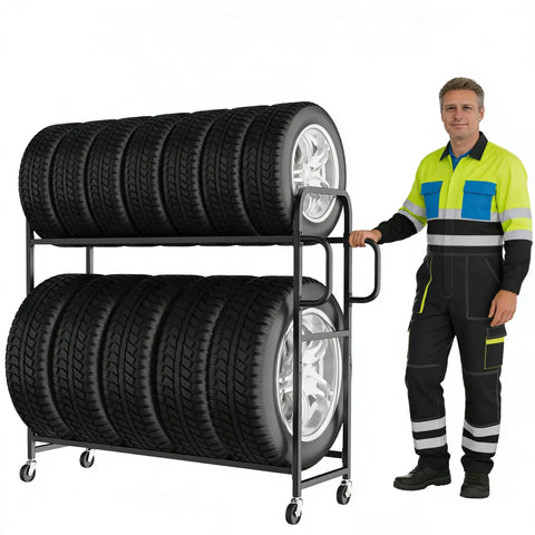 Heavy Duty Tire Rack With Adjustable Crossbars And Slick Swivel Casters Real American Heavy Lifter For Garage Organization Featuring Reinforced Carbon Steel Build Supporting Up To Five Hundred Pounds Hassle Free
