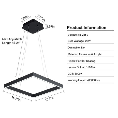 Diagram of Sleek Square LED Pendant Light With One Ring Acrylic Shade For Dope Modern Look In Kitchen Island Living Room Or Bedroom Adjustable Wire Height Not Dimmable 25W 6000K Daylight Black Finish with product dimensions and specifications.