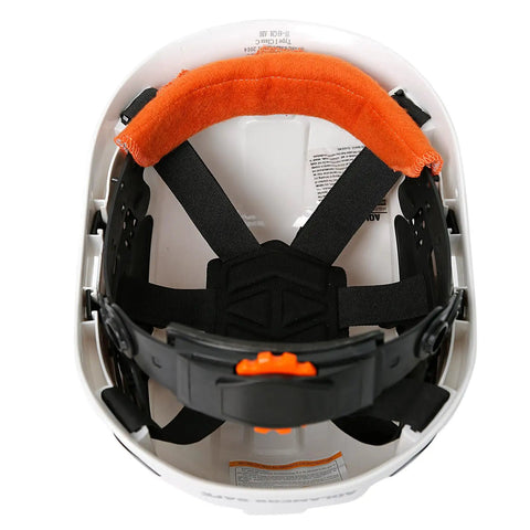 Inside view of a hard hat with orange sweatband installed, part of Hard Hat Sweatband Replacement 3 Pack Washable Flame Retardant Cotton Liner