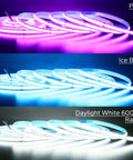 High Density COB LED Strip Lights 16.4 Feet RGBW Color Changing With 6000K Daylight White 24V DC indoor lit in pink, blue, white