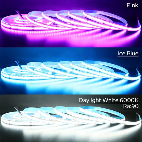 High Density COB LED Strip Lights 16.4 Feet RGBW Color Changing With 6000K Daylight White 24V DC indoor lit in pink, blue, white