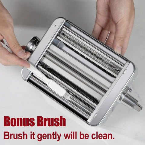 Built Tough All Metal Pasta Attachment For KitchenAid Mixers Legit 3 In 1 Adjustable Roller Cutter with bonus cleaning brush.