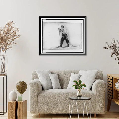 Antique Wall Art Print Of A Full Length Portrait In Furs And Skis, Vintage Black And White Image For Office Decor, 17x22 Reproduction