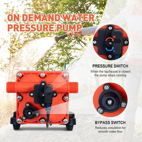 High Pressure 12V DC RV Water Diaphragm Pump With Smart Pressure Switch Delivers 5.5 GPM At 70 PSI Self Priming Wash Down