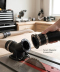 Upgraded 4 Inch Magnetic Dust Collection Connector With Rubber Cuff Adapter For Woodworking Shop Vacuum Hoses, showing secure magnetic connection.