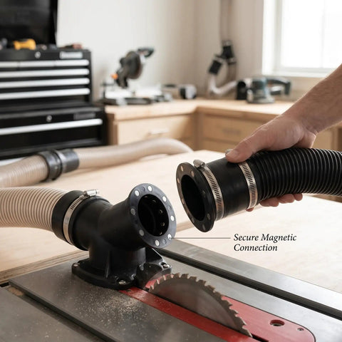 Upgraded 4 Inch Magnetic Dust Collection Connector With Rubber Cuff Adapter For Woodworking Shop Vacuum Hoses, showing secure magnetic connection.