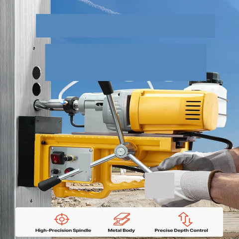 Heavy Duty Magnetic Drill Press With Portable Design For Metal Fabrication, showcasing high-precision spindle and metal body.