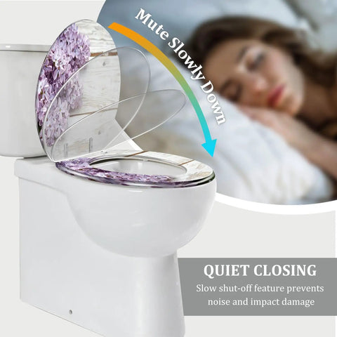 Toilet Seat Elongated Resin for Bathroom Use with floral design, quiet closing feature, installed on standard toilet.