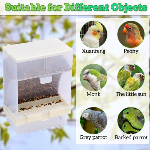 Two Piece No Mess Automatic Bird Feeder For Pet Cages, clear plastic seed dispenser for small birds like parakeets and canaries.