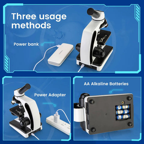 Compound Monocular Microscope Kit 40X-2000X With Slides Set And Phone Adapter showing power bank, adapter, and battery options