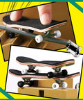 Close-up of 34 mm skateboard with black and white wheels from 16 Piece Fingerboard Tool Kit With CNC Lathed Bearing Wheels Nut Drivers And Screwdrivers For Quick Tune Ups On The Fly 34 mm Skateboard Trucks Red Blue Wheels Sturdy Alloy Racks Black And White Finish