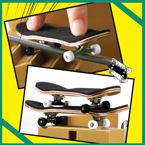 Close-up of 34 mm skateboard with black and white wheels from 16 Piece Fingerboard Tool Kit With CNC Lathed Bearing Wheels Nut Drivers And Screwdrivers For Quick Tune Ups On The Fly 34 mm Skateboard Trucks Red Blue Wheels Sturdy Alloy Racks Black And White Finish