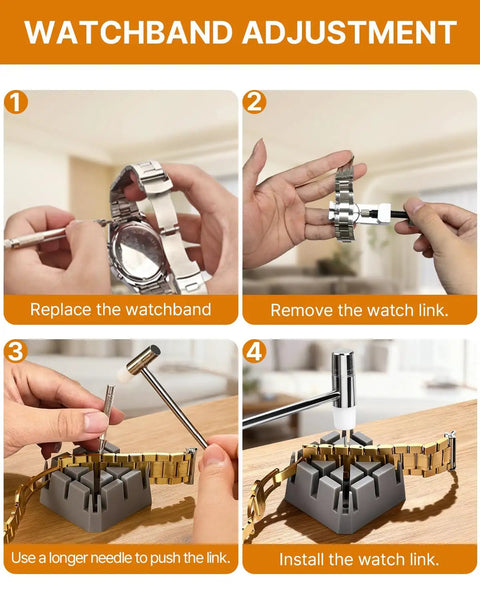 Watchband adjustment steps using Go To All In One Watch Band Repair Kit With Link Remover And Spring Bar Tools Pro Grade Set Includes 108 Spring Bars 20 Link Pins Replacement Punches Hammer Cleaning Cloth And Easy Strap Resize For Any Size.