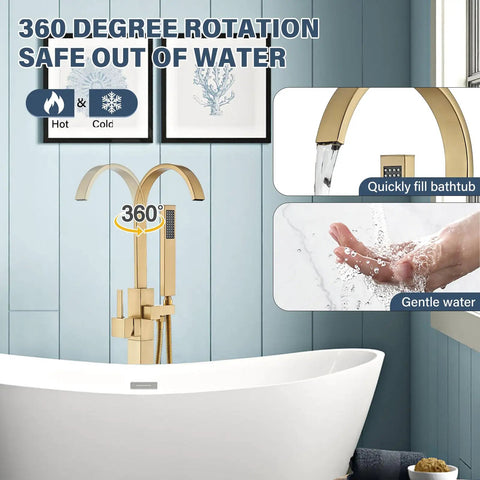 Floor Mount Freestanding Bathtub Faucet Set With High Flow Swivel Spout Chrome Finish Handheld Shower Mixer Taps Tub Filler Easy Operation Durable Chrome Plating Modern Spa Quality For Deep Soaking Baths with 360-degree rotation in a bathroom setting