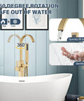 Matte Black Freestanding Bathtub Faucet Floor Mount Tub Filler With High Flow Shower And Handheld Shower Mixer Taps Swivel Spout Solid Brass Bathroom Tap with 360° rotation feature, shown next to a white bathtub.