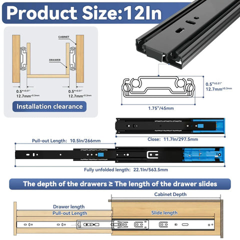 12 Inch Push To Open And Soft Close Drawer Slides With Full Extension 1 Pair 2 In 1 Push To Open Mechanism No Slam Quiet Soft Close Dampers Smooth Full Extension For Cabinet Drawers Heavy Duty Easy Glides showing 12in size and installation clearance