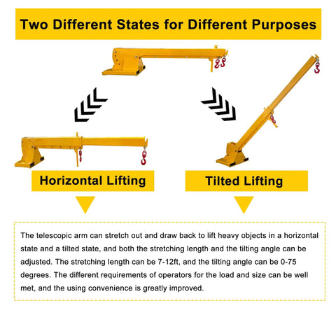 Beefy Workhorse Forklift Telescopic Jib Boom With 2 Ton Capacity and 0 To 75 Degree Tilt in horizontal and tilted lifting positions.