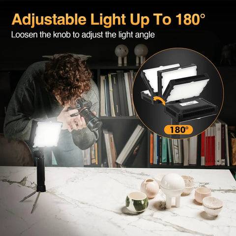 Photographer using 60 LED Portable Photo Lighting Kit With Adjustable Tripod Stand for tabletop photography