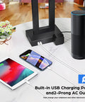 Pair Of Dope Modern Touch Control Bedside Lamps With USB Ports, charging phone and tablet, black base, white table