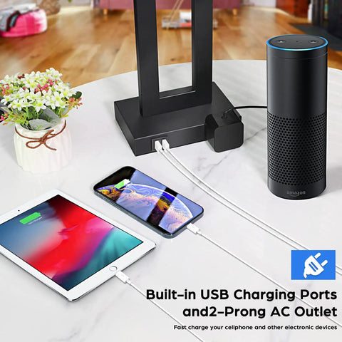 Pair Of Dope Modern Touch Control Bedside Lamps With USB Ports, charging phone and tablet, black base, white table