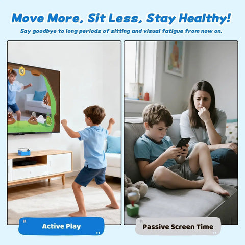 Active Motion Console With 41 Motion Games For Kids And Family, No Subscriptions, Continuous Updates, Plug And Play For Party Nights And Playdates, Dance, Sports, Puzzles, And Music Challenges; child playing on TV