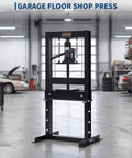 Tough As Nails Six Ton H Frame Hydraulic Shop Press Heavy Duty Steel Workhorse in garage with adjustable base for metal work.