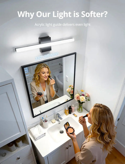 24 Inch Black Vanity Light For Bathroom Mirror LED Wall Bar Fixture illuminating woman applying makeup over mirror