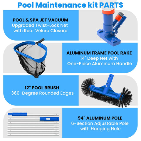 Spa Jet Vacuum Pool Cleaning Kit With 8 Foot Adjustable Pole, Leaf Rake Net And Round Brush For Inflatable And Above Ground Pools, Hook Up To Garden Hose For Serious Suction, No Electricity Needed parts shown with 14" net, 12" brush, aluminum pole