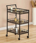 Three Tier Rolling Utility Cart With Smooth As Silk Casters And Reinforced Side Handles, black metal frame, holding beauty products.