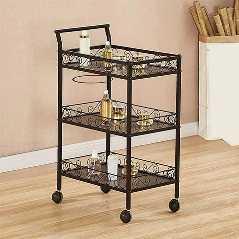 Three Tier Rolling Utility Cart With Smooth As Silk Casters And Reinforced Side Handles, black metal frame, holding beauty products.