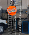 1 Ton Hand Chain Hoist 20 Ft Lift 2200 Lbs G80 Galvanized Chain, Double Pawl Brake, Auto Chain Leading and 360 Hook in garage