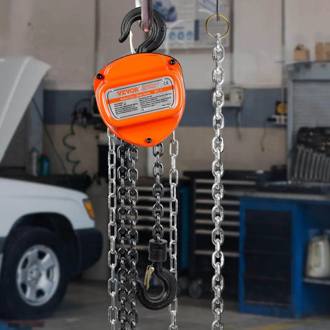 1 Ton Hand Chain Hoist 20 Ft Lift 2200 Lbs G80 Galvanized Chain, Double Pawl Brake, Auto Chain Leading and 360 Hook in garage