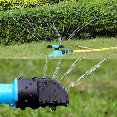 Automatic Lawn Sprinkler For Large Yards, ABS Plastic Rotary Sprinkler With Three Arm Design in operation on grass