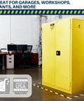 Built Like A Tank 60 Gallon Flammable Safety Cabinet With Self Closing Steel Doors And Heavy Duty Locking Mechanism For Garage Or Industrial Workshop Storage in a workshop setting.