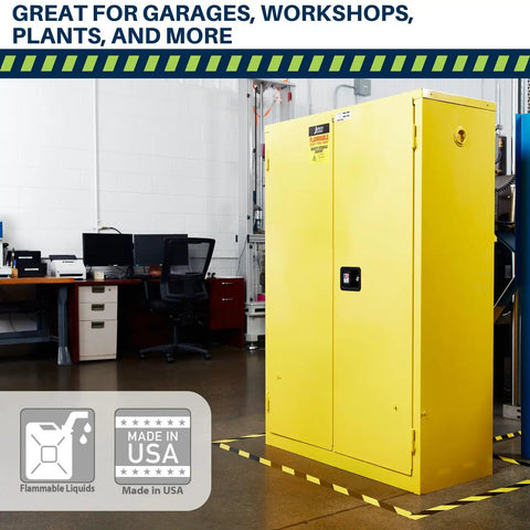 Built Like A Tank 60 Gallon Flammable Safety Cabinet With Self Closing Steel Doors And Heavy Duty Locking Mechanism For Garage Or Industrial Workshop Storage in a workshop setting.