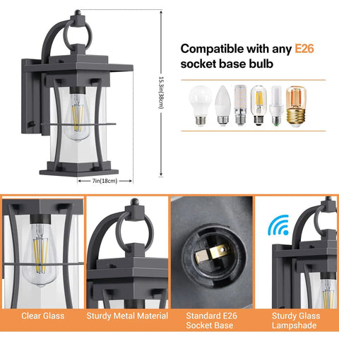 Dusk To Dawn Outdoor Wall Light With Photocell Sensor, Waterproof Matte Black Exterior Wall Mount Porch Lamp, compatible with E26 base