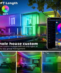 House exterior and rooms lit with 60Ft Bluetooth LED Strip Lights With Music Sync So Lit Color Changing RGB 5050 Rope Light Strips Built In Mic App Control And Remote Cuttable Every 3 LEDs Long Lasting Up To 50,000 Hours, app control visible on phone screen.