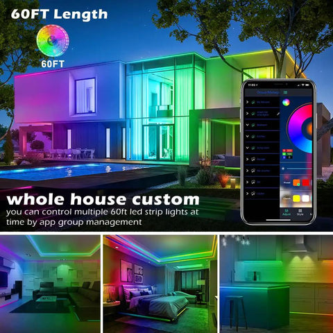 House exterior and rooms lit with 60Ft Bluetooth LED Strip Lights With Music Sync So Lit Color Changing RGB 5050 Rope Light Strips Built In Mic App Control And Remote Cuttable Every 3 LEDs Long Lasting Up To 50,000 Hours, app control visible on phone screen.
